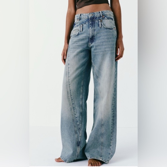 Zara deconstructed Wide-Leg Light Blue Jeans mid rise size 6 - Picture 1 of 15